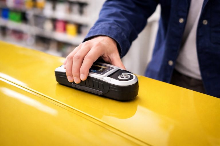 Farbmessung eines gelben Industrielacks mit Farbmessgerät